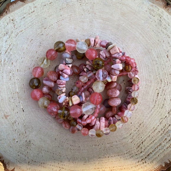 Natural Fire Cherry Quartz & Pink Rhodonite Gemstone Mixed Bead Bracelet Stack - Picture 7 of 10